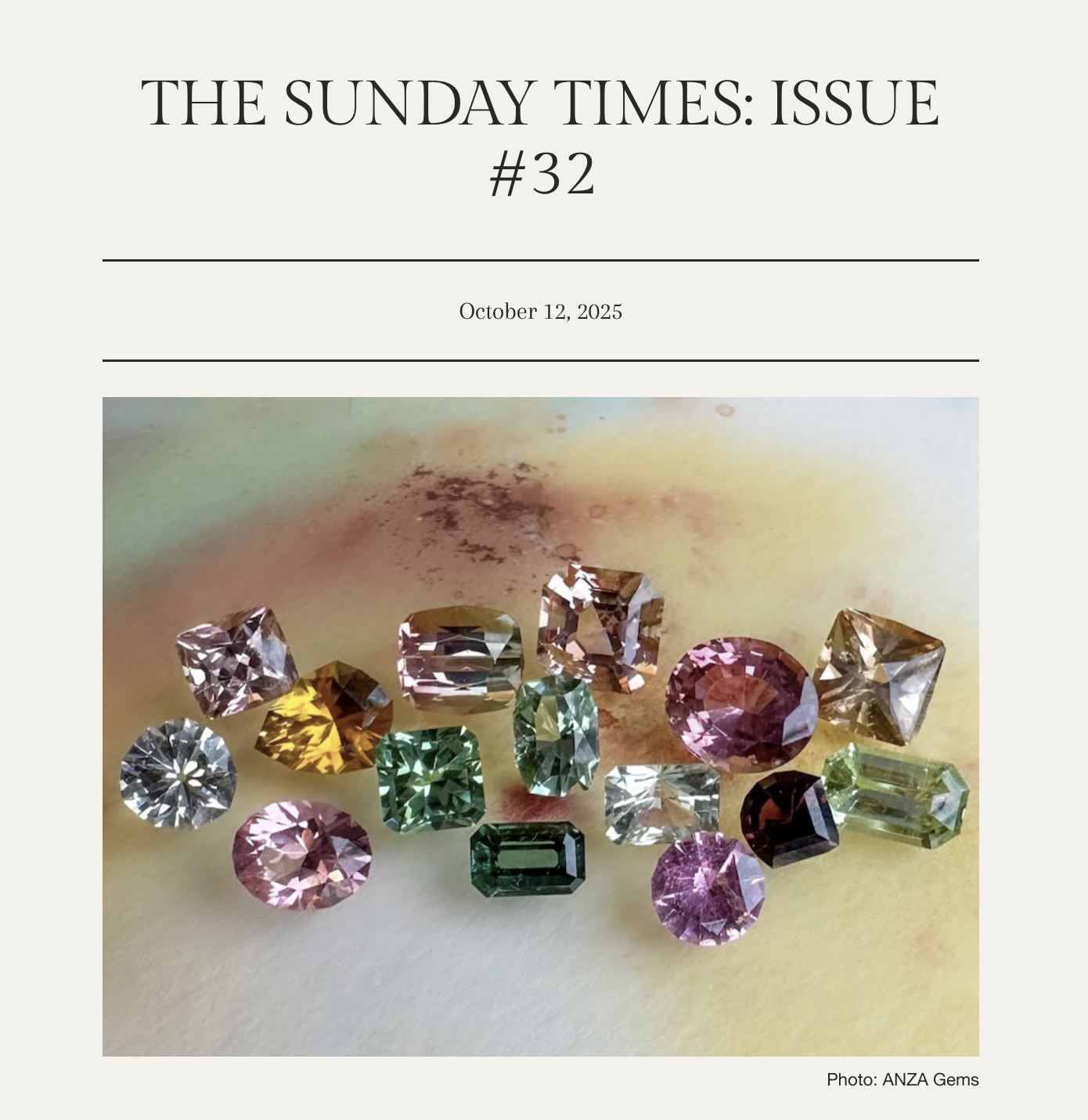 Blog post from The Sunday Times with an image of multicolor gemstones.
